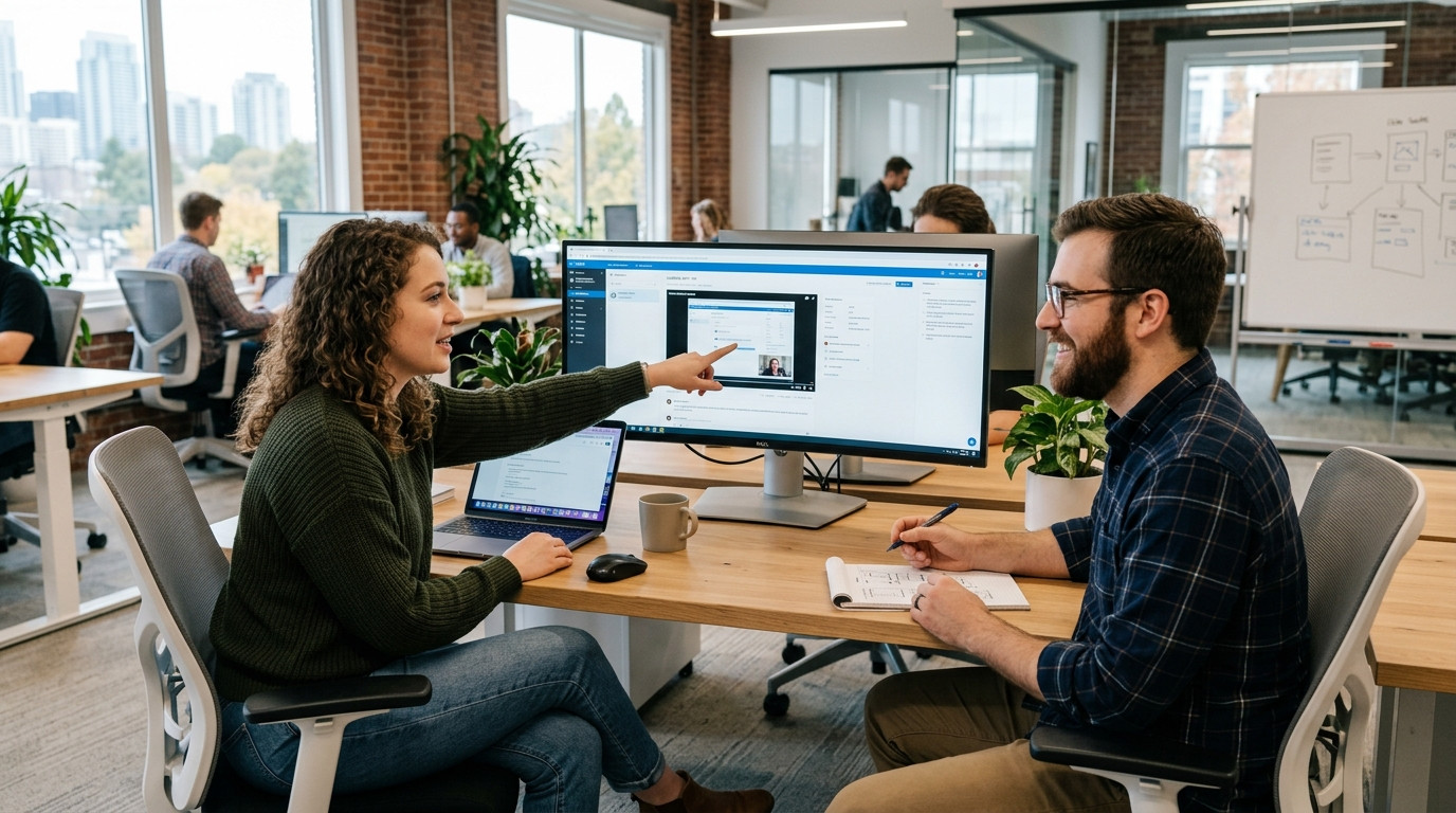A friendly customer support specialist and product manager reviewing an async screen recording on a desktop monitor in a bright modern office