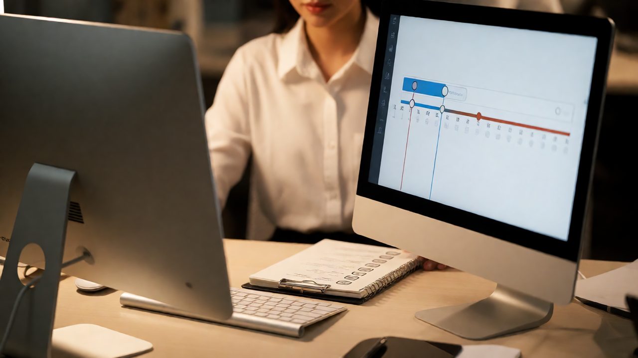 A support agent reviewing a screen recording on a desktop monitor with a checklist notebook on the desk.