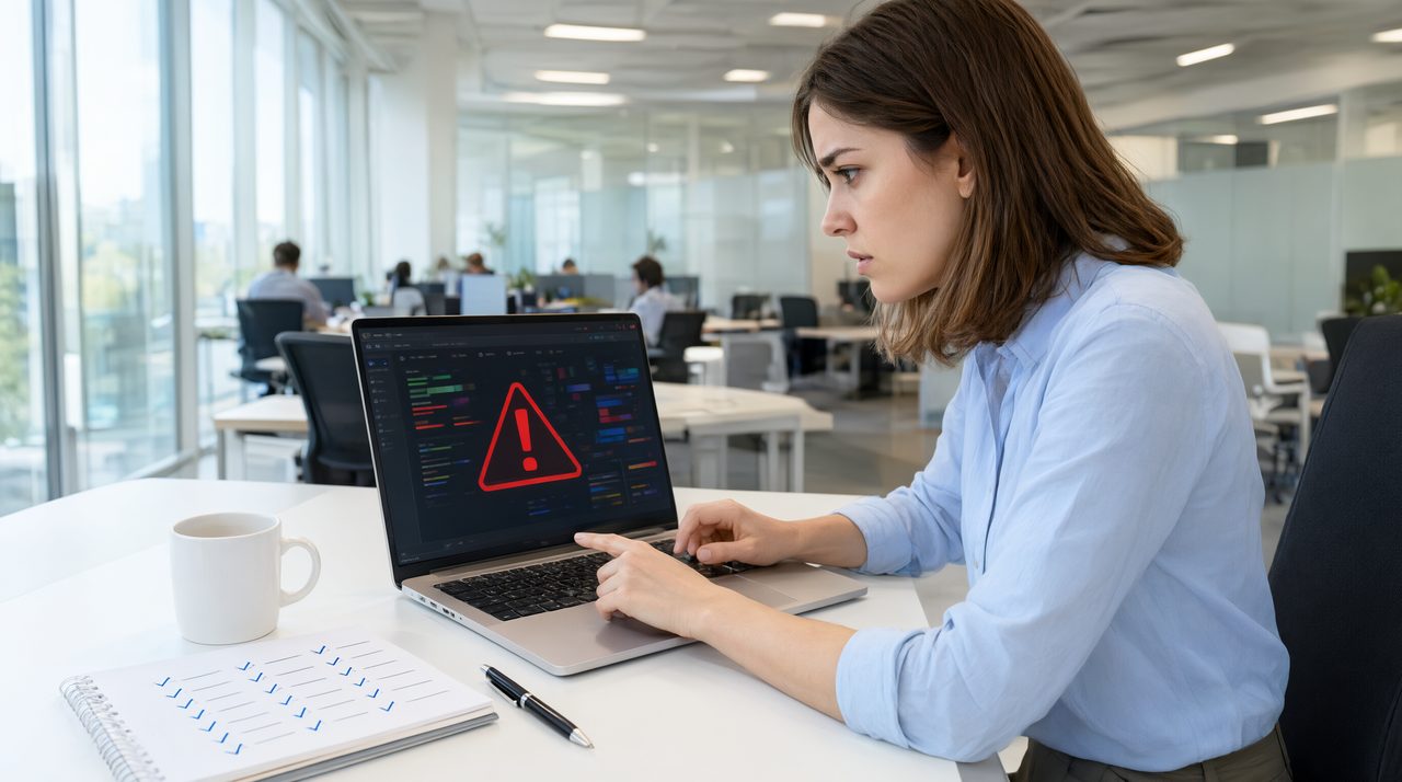A support agent reviewing a laptop screen showing a software error beside a short written checklist.