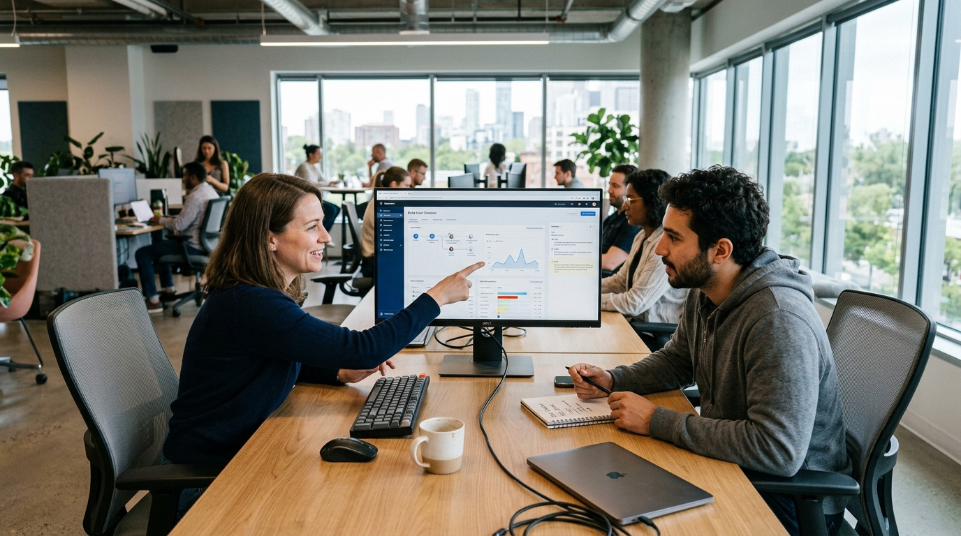 A product manager and software engineer analyzing a beta user screen recording together on a desktop monitor in a bright office studio
