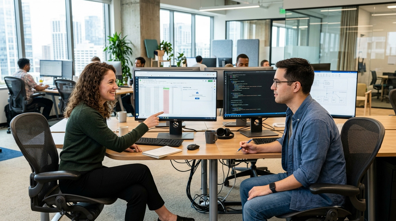A customer support specialist and data engineer reviewing a screen recording of a spreadsheet import workflow at a clean dual-monitor workstation in a modern office.