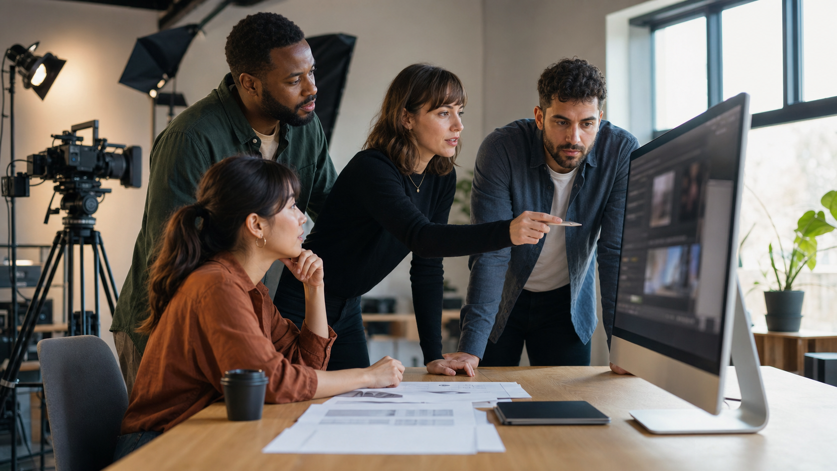 A diverse software support and engineering team gathered around an Apple monitor in a modern studio office reviewing an asynchronous screen recording of a bug reproduction