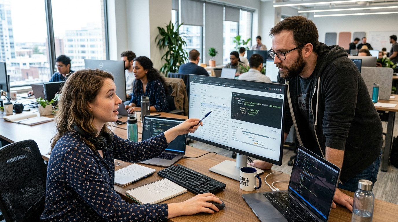 A technical customer support engineer and software developer analyzing an asynchronous API integration screen recording on a desktop monitor in a modern tech office