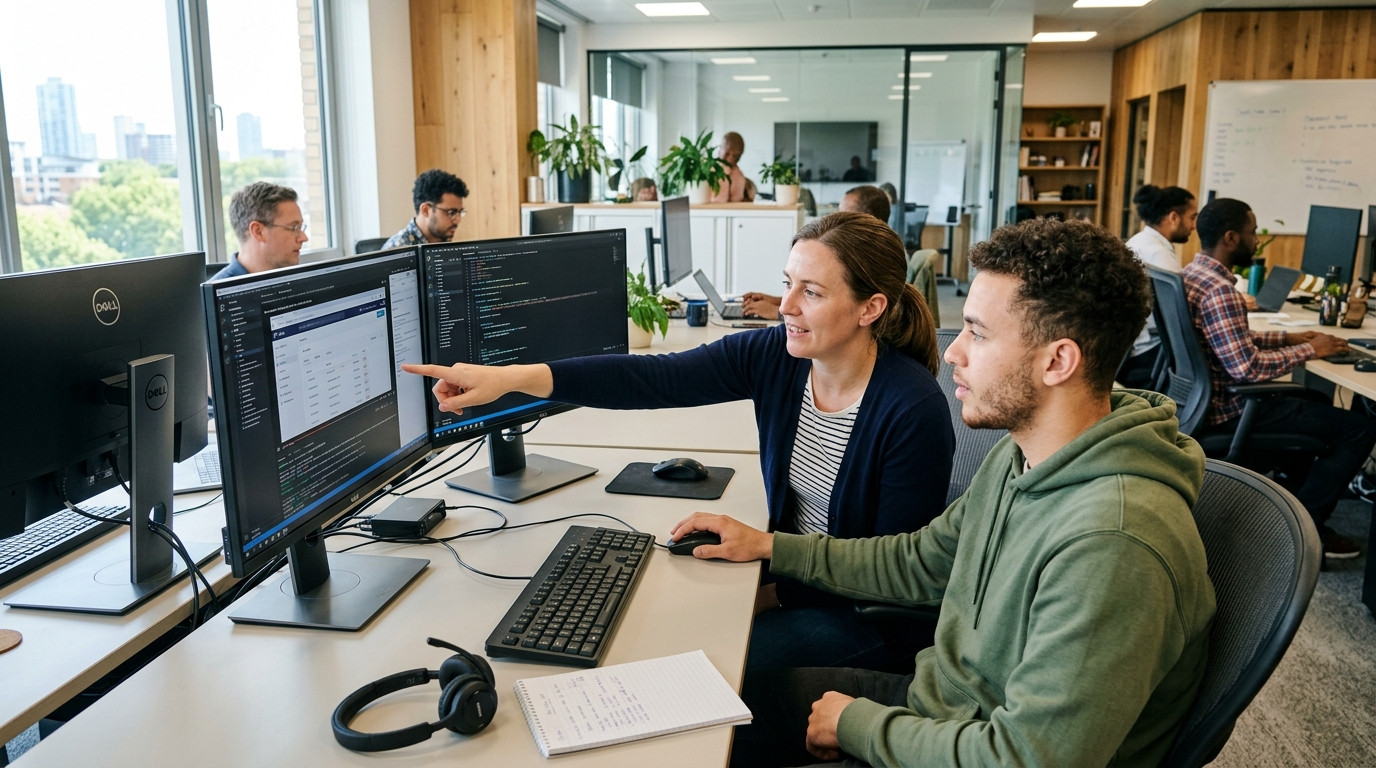 A focused customer support engineer and QA specialist reviewing an asynchronous bug reproduction screen recording on a dual-monitor workstation in a modern office.
