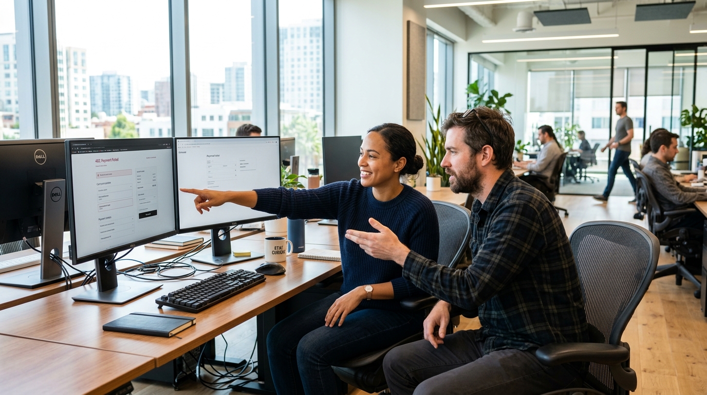 A customer support specialist and software engineer reviewing an asynchronous checkout error recording together at a dual-monitor workstation in a sunlit modern office.