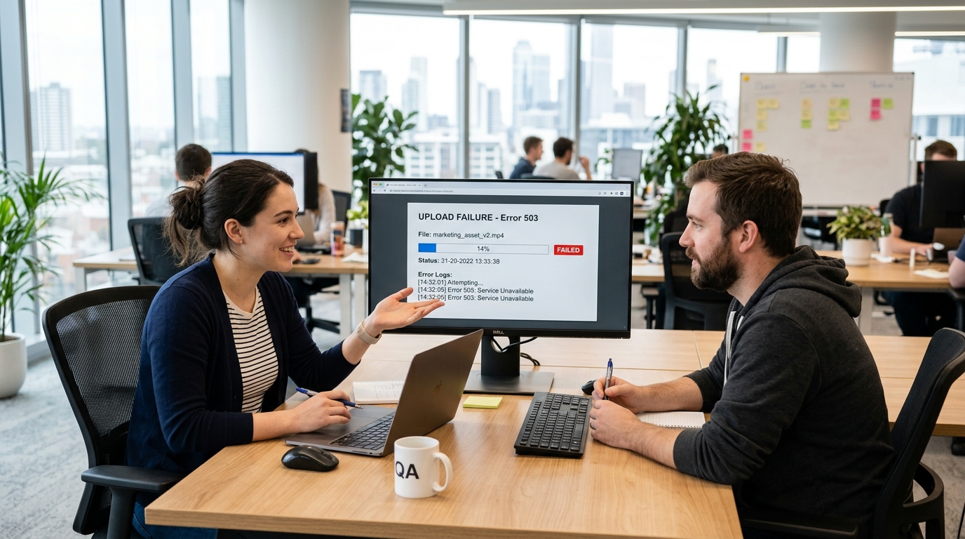 A focused customer support engineer and QA analyst sitting together at a clean wooden desk reviewing an asynchronous screen recording of an upload failure on a wide monitor in a modern sunlit tech office.