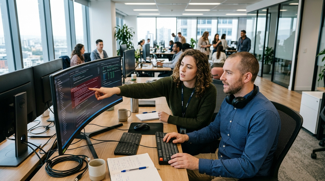 Two IT support professionals at an organized tech workstation examining an error sequence on an ultrawide monitor in a naturally lit modern office
