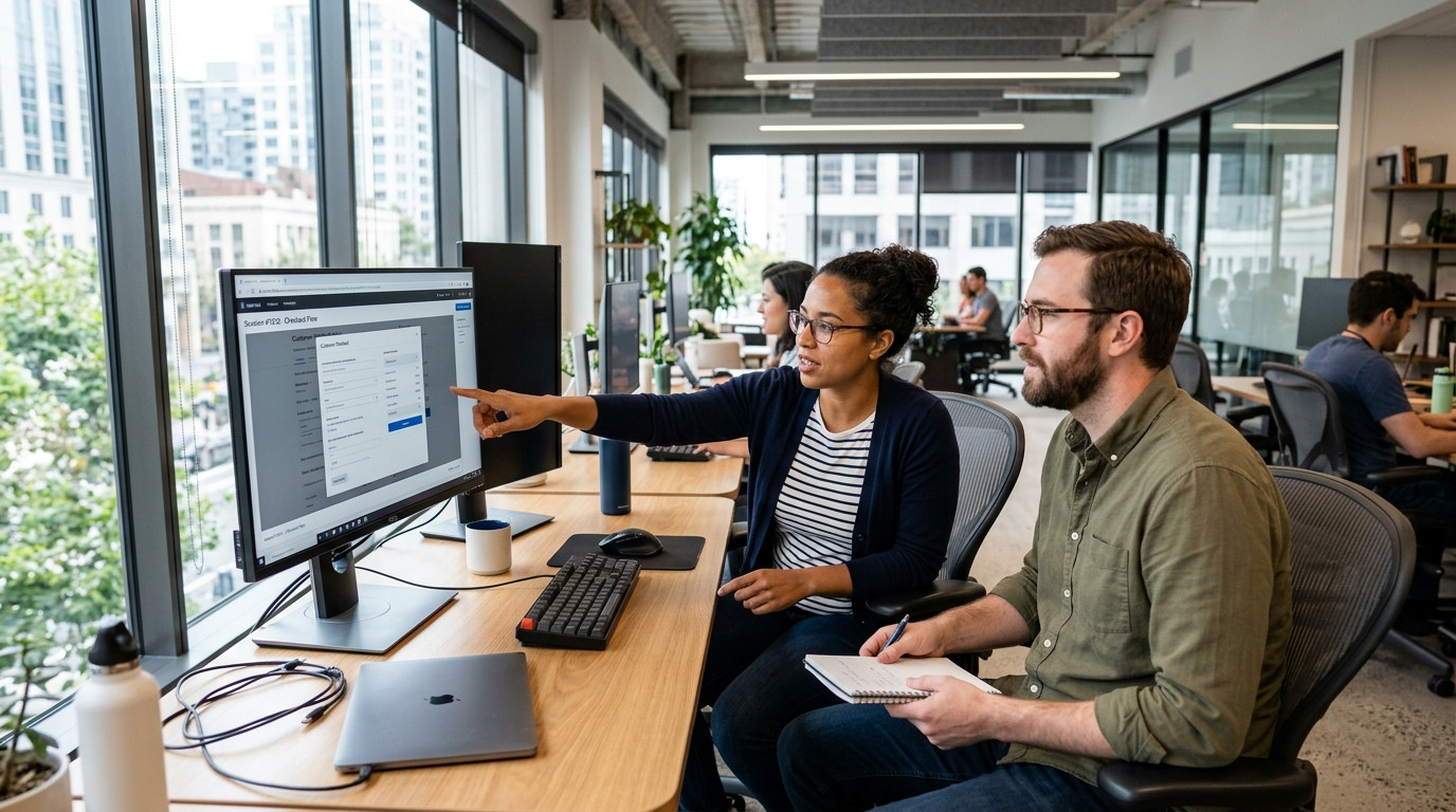 Two software support engineers reviewing a customer checkout modal recording on a clean dual-monitor desk in a modern tech office