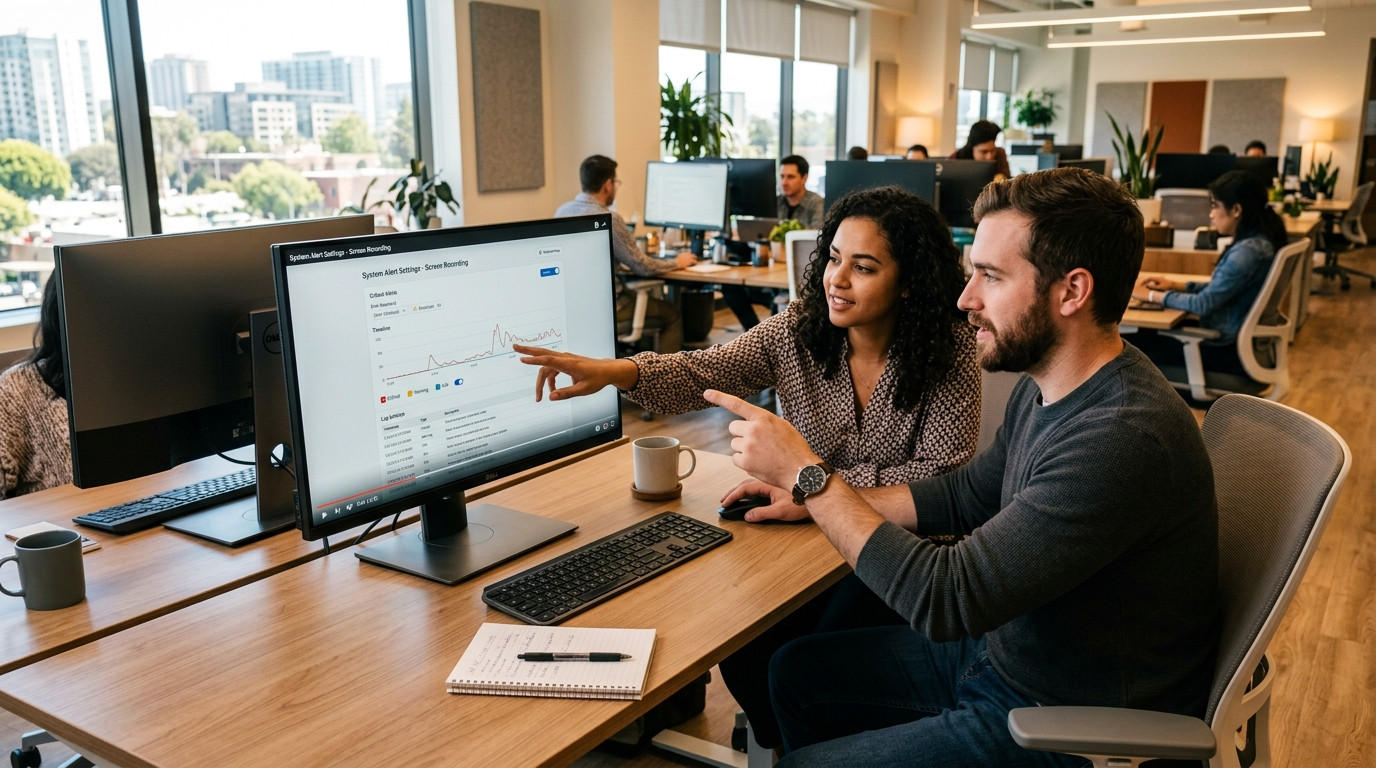 A customer support specialist and software engineer reviewing an alert settings screen recording together on a desktop monitor in a bright office