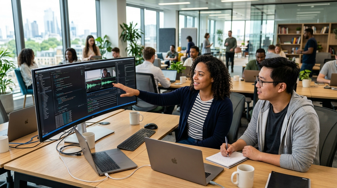 Support lead and software engineer collaborating at a clean desk analyzing a video bug reproduction on an ultrawide monitor