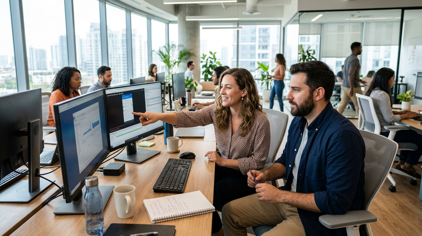A customer support team lead and technical support specialist reviewing an incoming customer screen recording on a dual-monitor desk in a sunlit modern office.