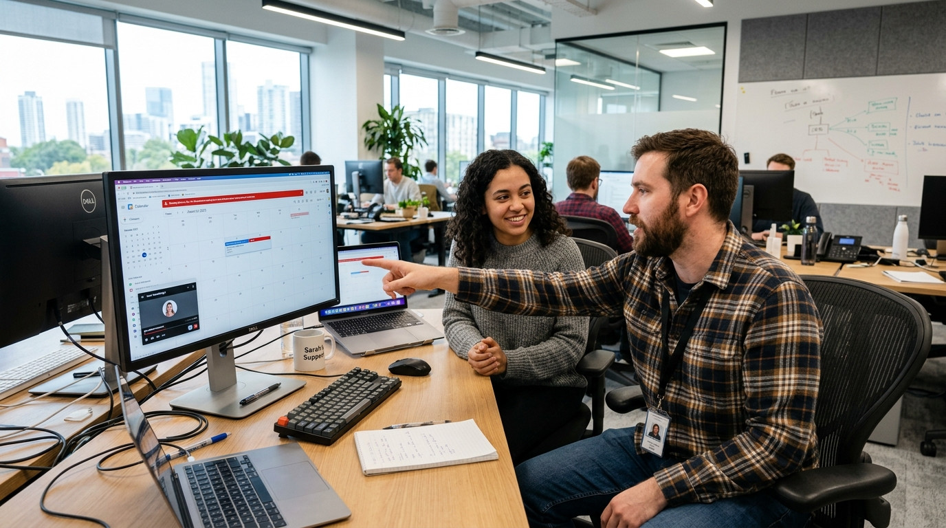 Support engineer and QA analyst reviewing a customer screen recording of a calendar booking error on a monitor in a bright office