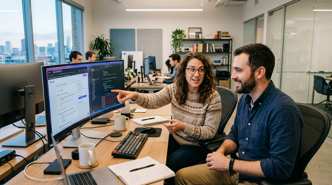 A customer support specialist and software quality engineer analyzing an asynchronous screen recording of a browser bug on an ultrawide monitor in a modern tech office