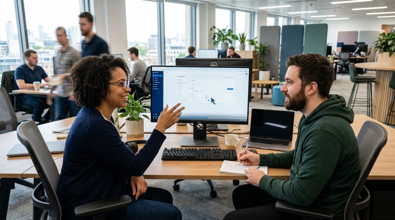Support lead and QA engineer reviewing a clean customer screen recording on a desktop monitor in a bright modern tech office