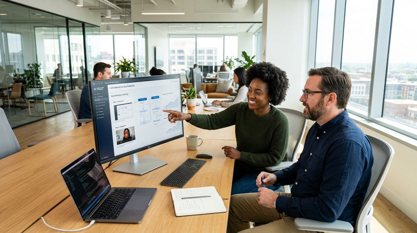 A customer success manager and technical lead collaborating at a clean modern desk reviewing an asynchronous customer setup walkthrough on a high resolution monitor in bright daylight