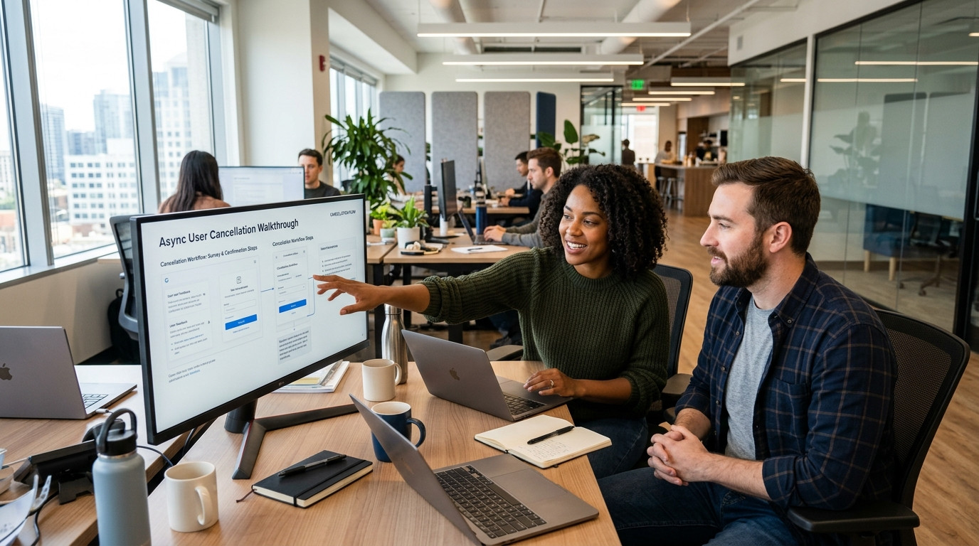 Product manager and customer success lead reviewing an async user cancellation walkthrough on a desktop screen in a sunlit tech office