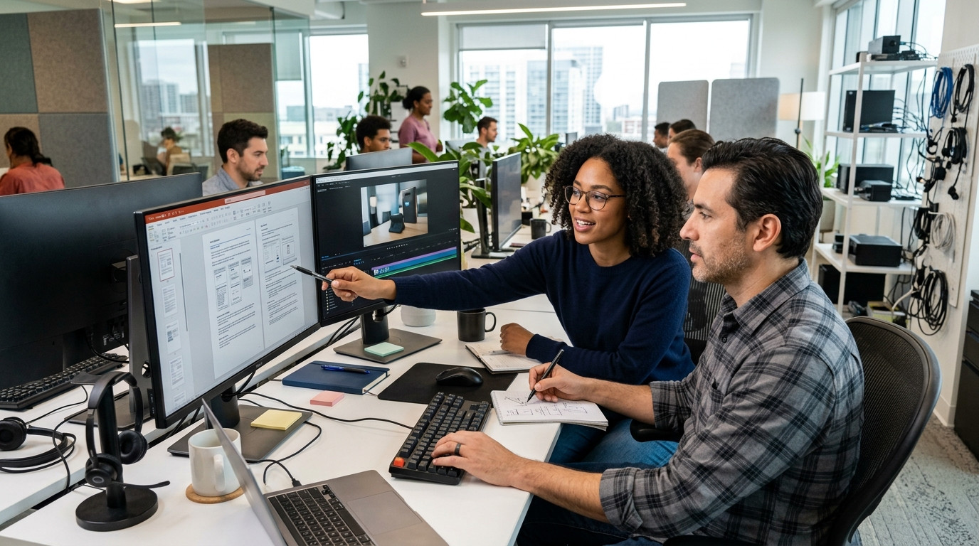 A customer support specialist and software engineer reviewing a document layout and video recording together on a dual monitor workstation in a bright modern tech office.