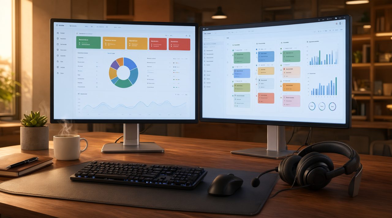 A customer support desk with dual monitors showing ticket dashboards, a keyboard, and a support headset.