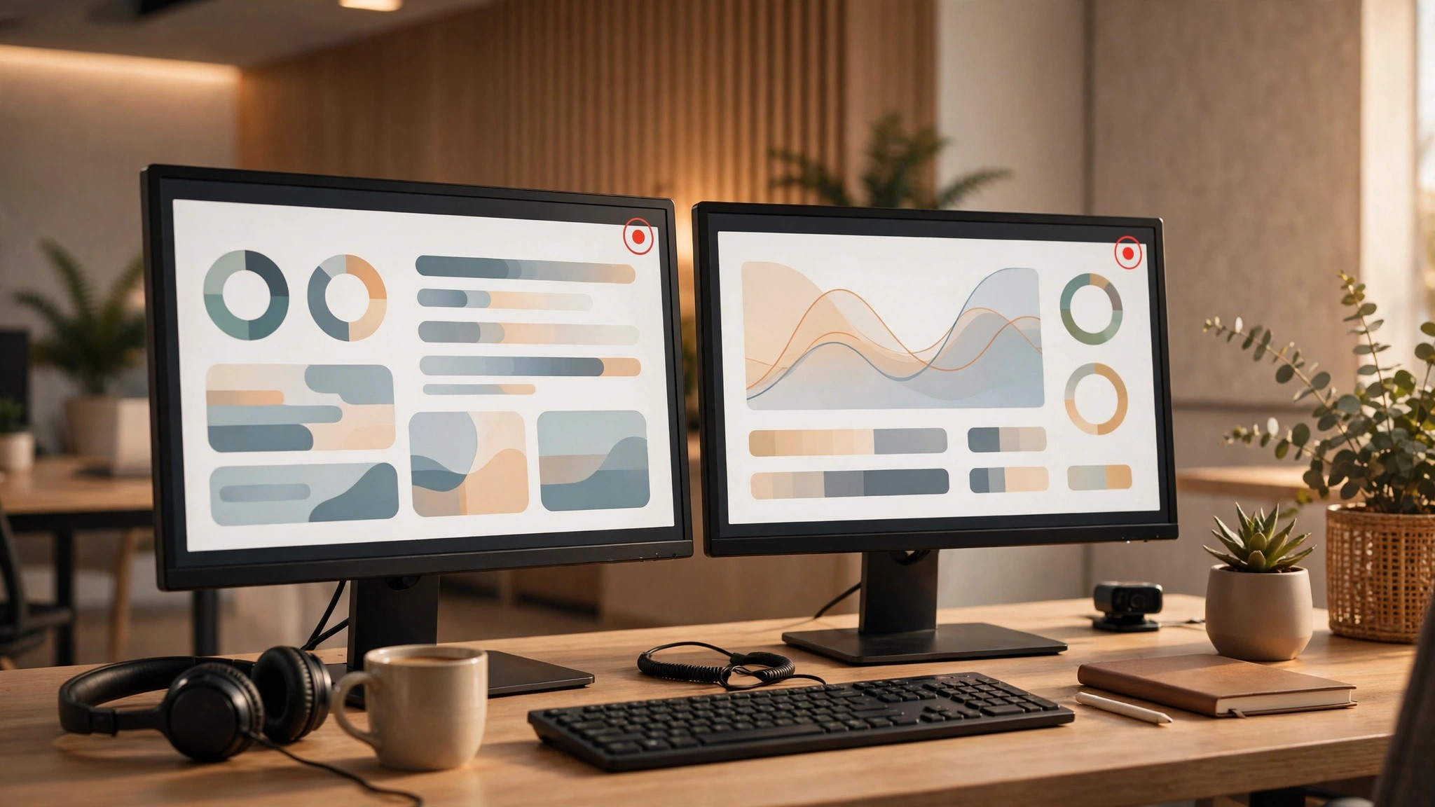 A support agent desk with dual monitors showing a screen recording of a SaaS dashboard in a warm modern office.