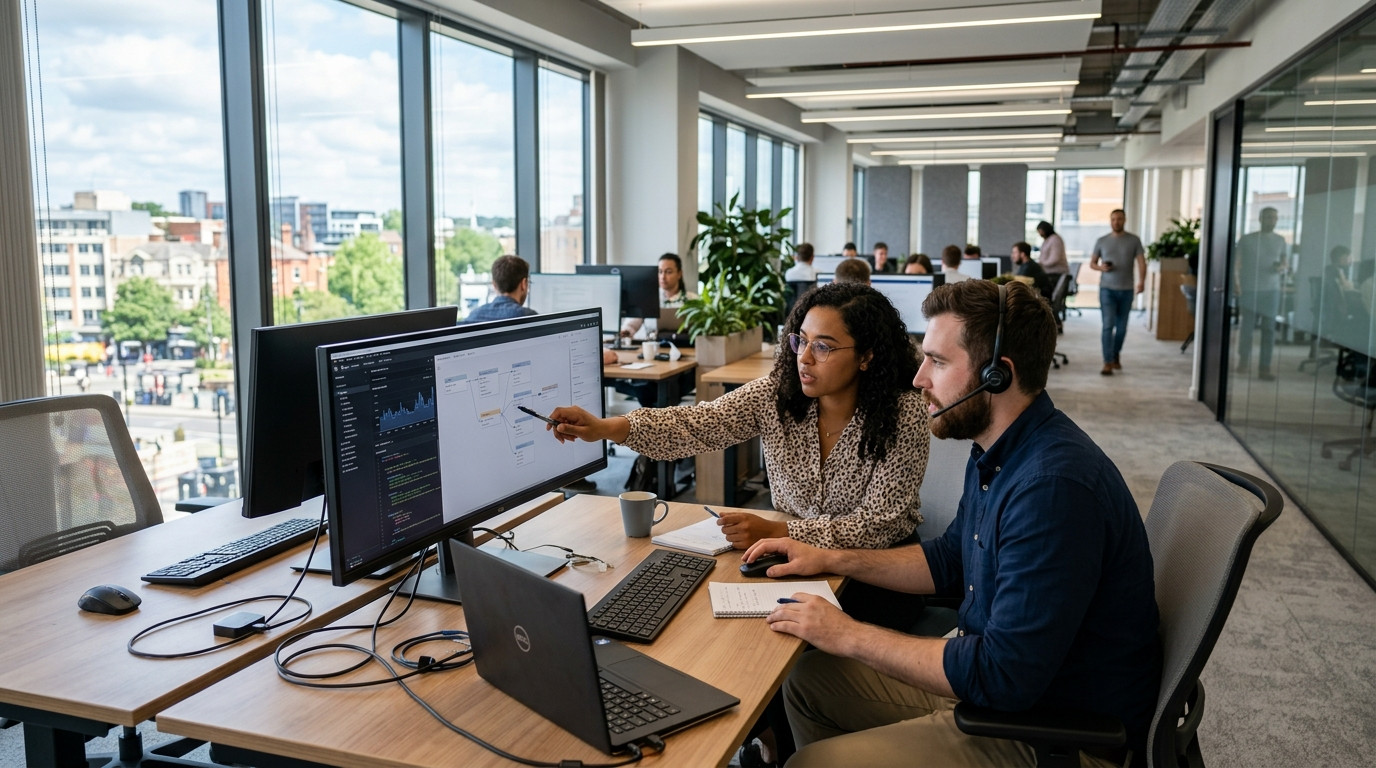 Two focused technical support specialists reviewing a desktop software user workflow recording on an ultrawide display in a modern open office setting with natural window light