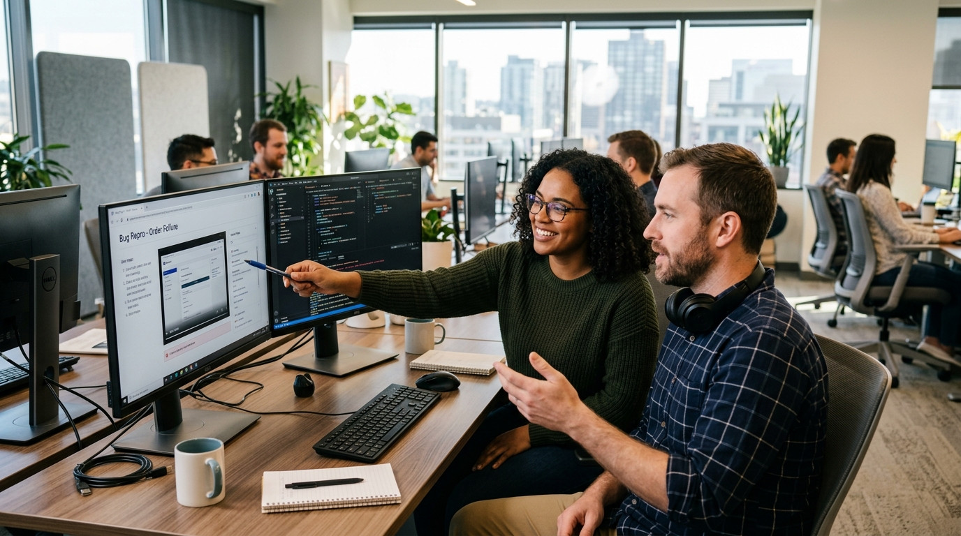 Support engineer and QA analyst reviewing a customer bug reproduction screen recording together on a dual monitor workstation in a clean office setting