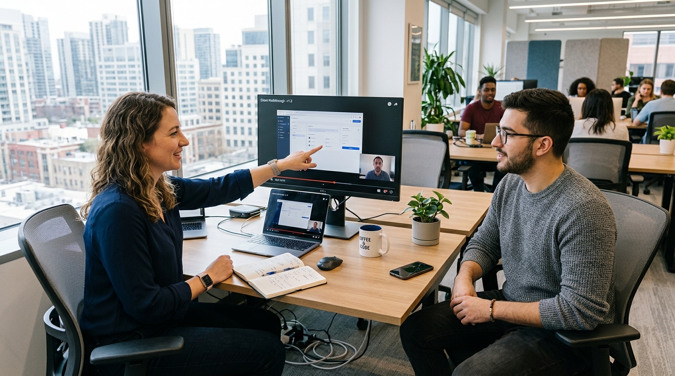 A product manager and software developer reviewing an asynchronous client walkthrough recording together at an organized office desk with natural window light