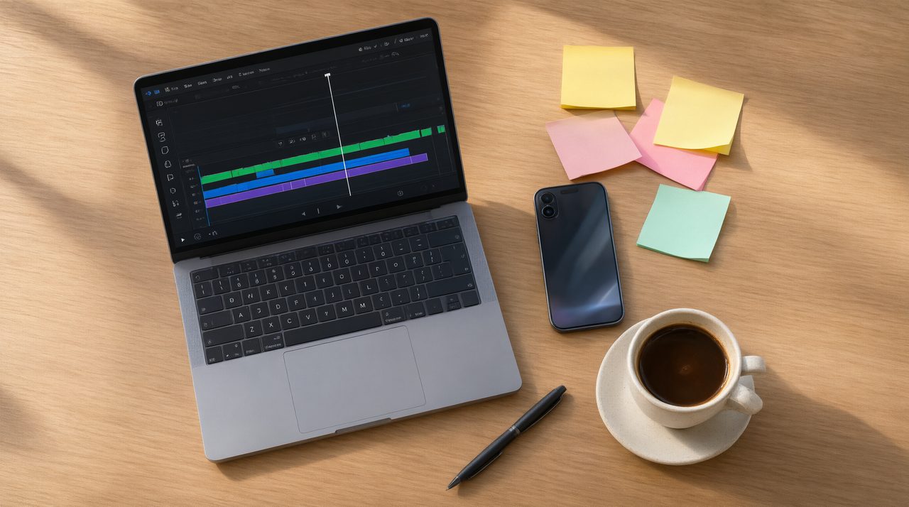 An overhead view of a support desk with a laptop showing a screen recording timeline next to a phone, sticky notes, and coffee.