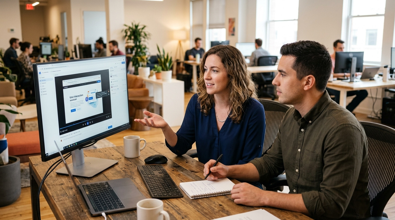 Customer support lead and product manager analyzing an asynchronous screen recording clip together at a modern desk with warm natural lighting