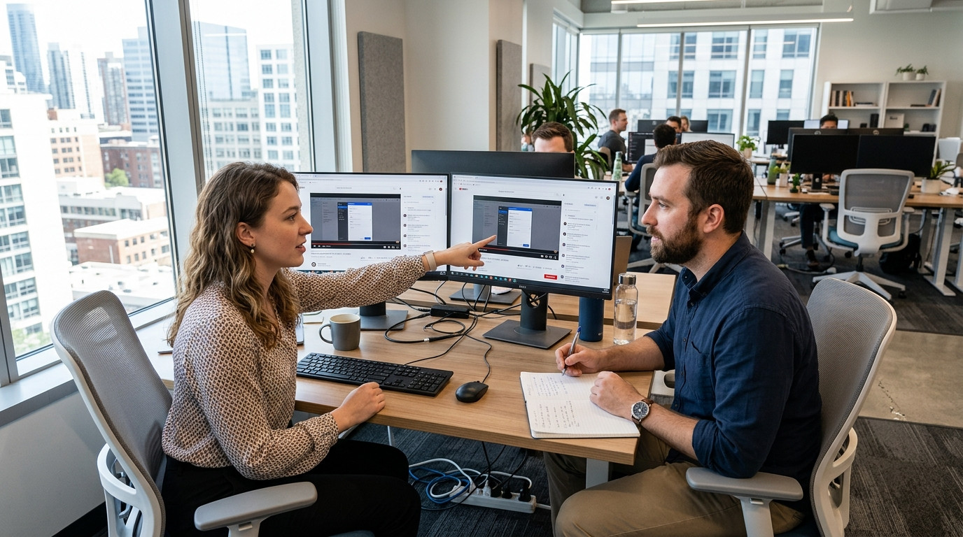 Customer support specialist and quality assurance lead reviewing an asynchronous video bug report on a dual-monitor desk in a sunlit modern office