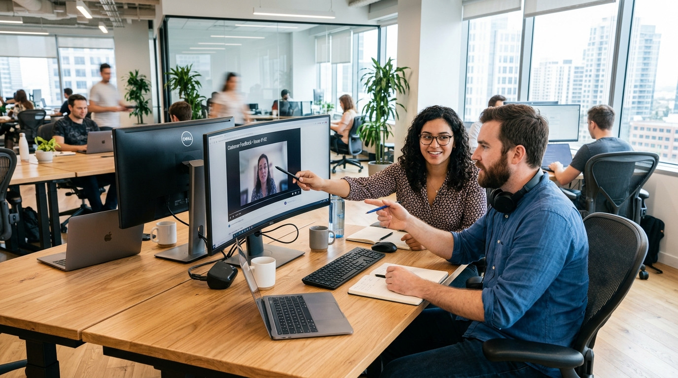 Support lead and software engineer reviewing an async customer video recording together at a modern wooden workstation in a bright office