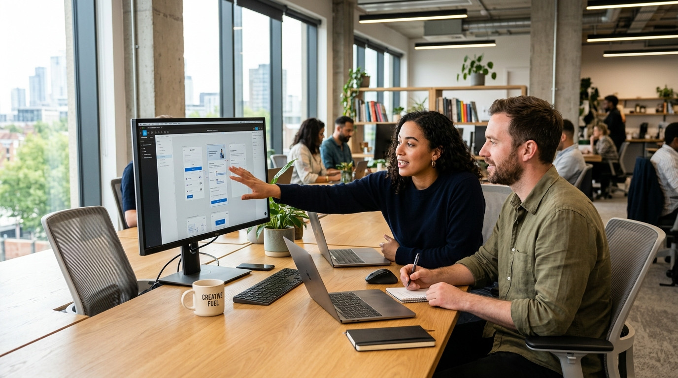 Two creative agency designers sitting beside each other at a clean wooden desk, reviewing an asynchronous website walkthrough video on a wide desktop monitor in a sunlit modern studio.