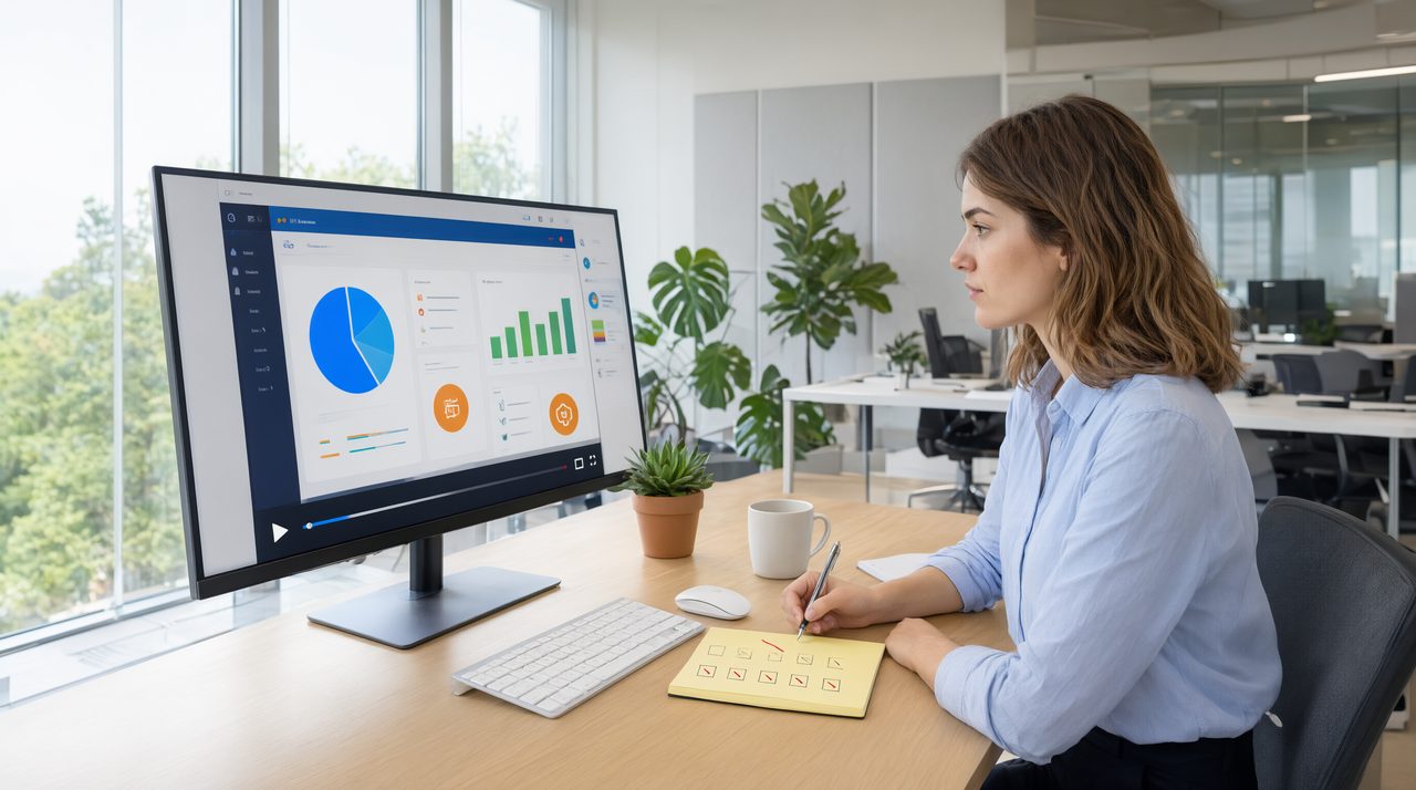 A support specialist reviewing a customer screen recording on a monitor with a checklist beside the keyboard.