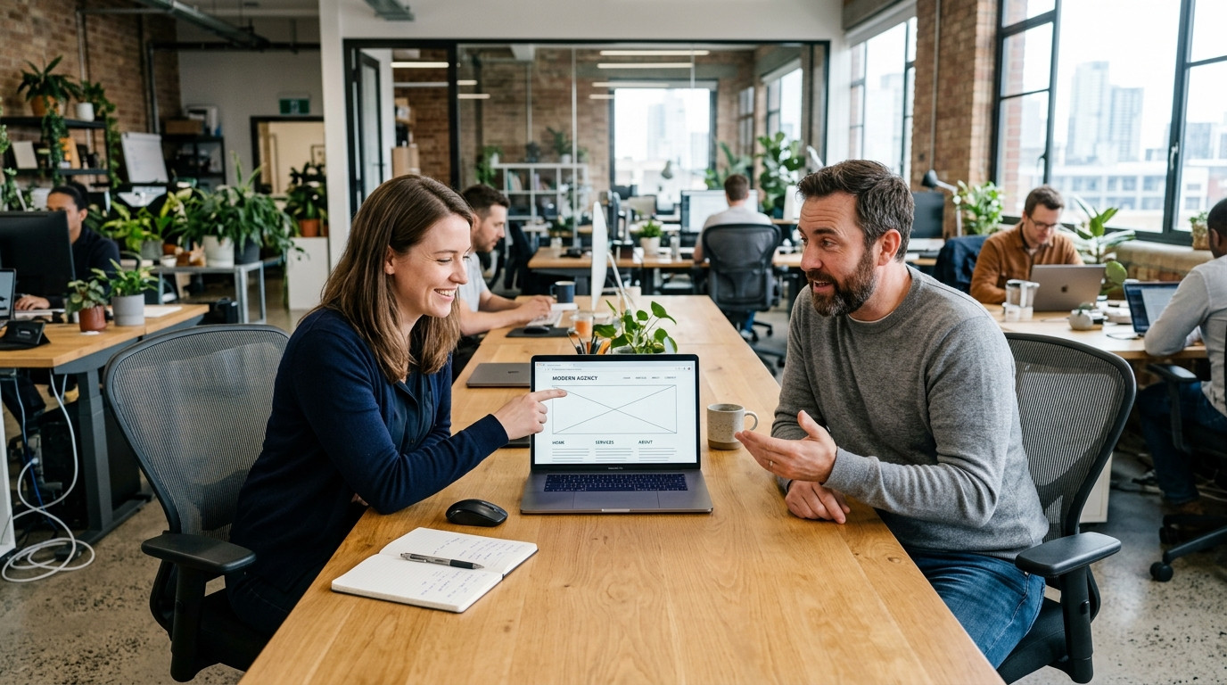 Agency lead and client discussing a website design project beside a laptop in a modern studio office