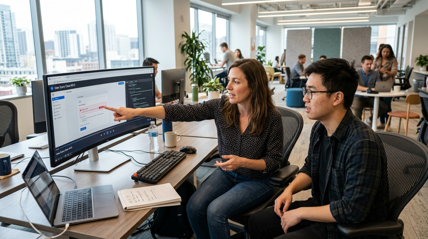 Customer support lead and software developer reviewing a video recording of a software query issue on an ultrawide display in a bright modern tech office