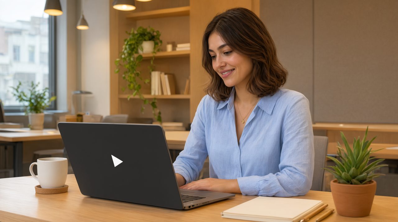 A support agent smiling at a laptop showing a video play button in a bright office.