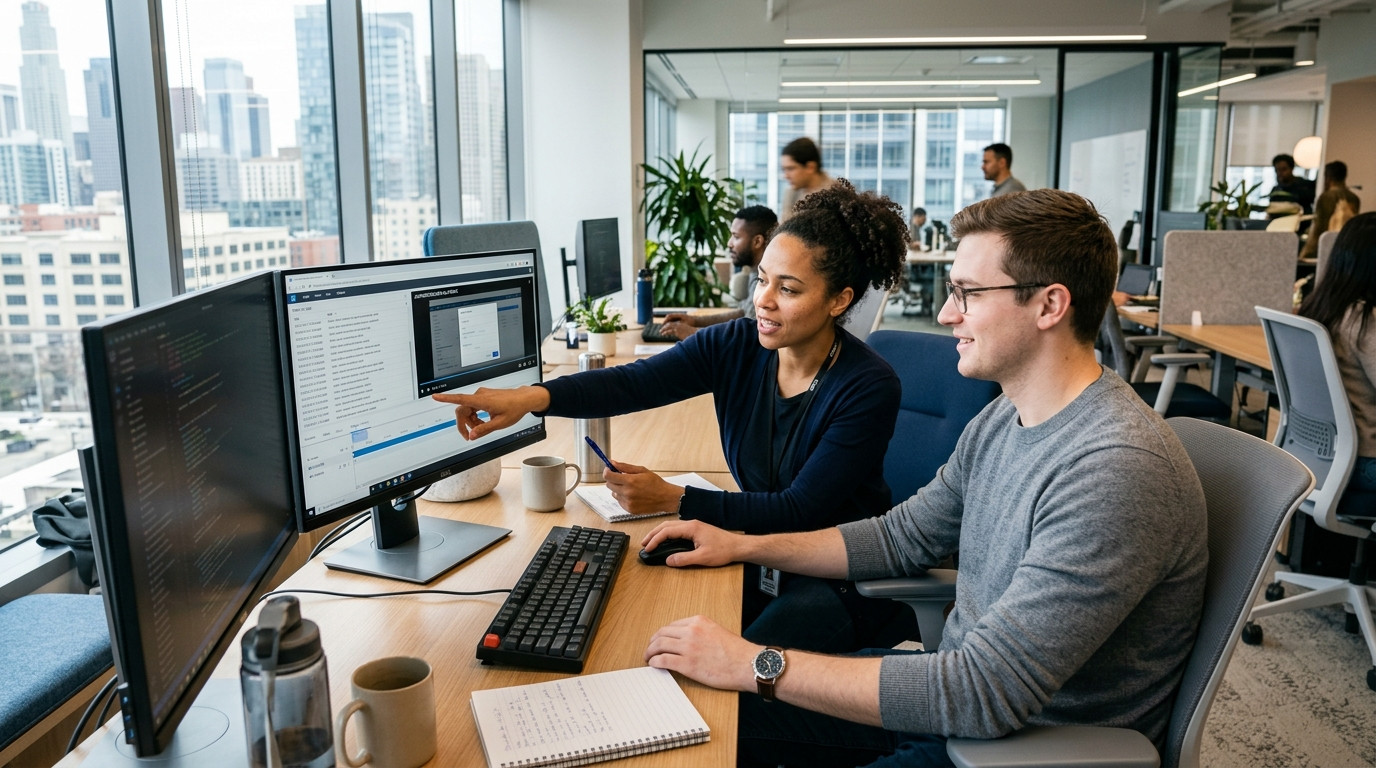 Two technical support engineers reviewing an authentication playback video on a desk monitor in a modern sunlit office