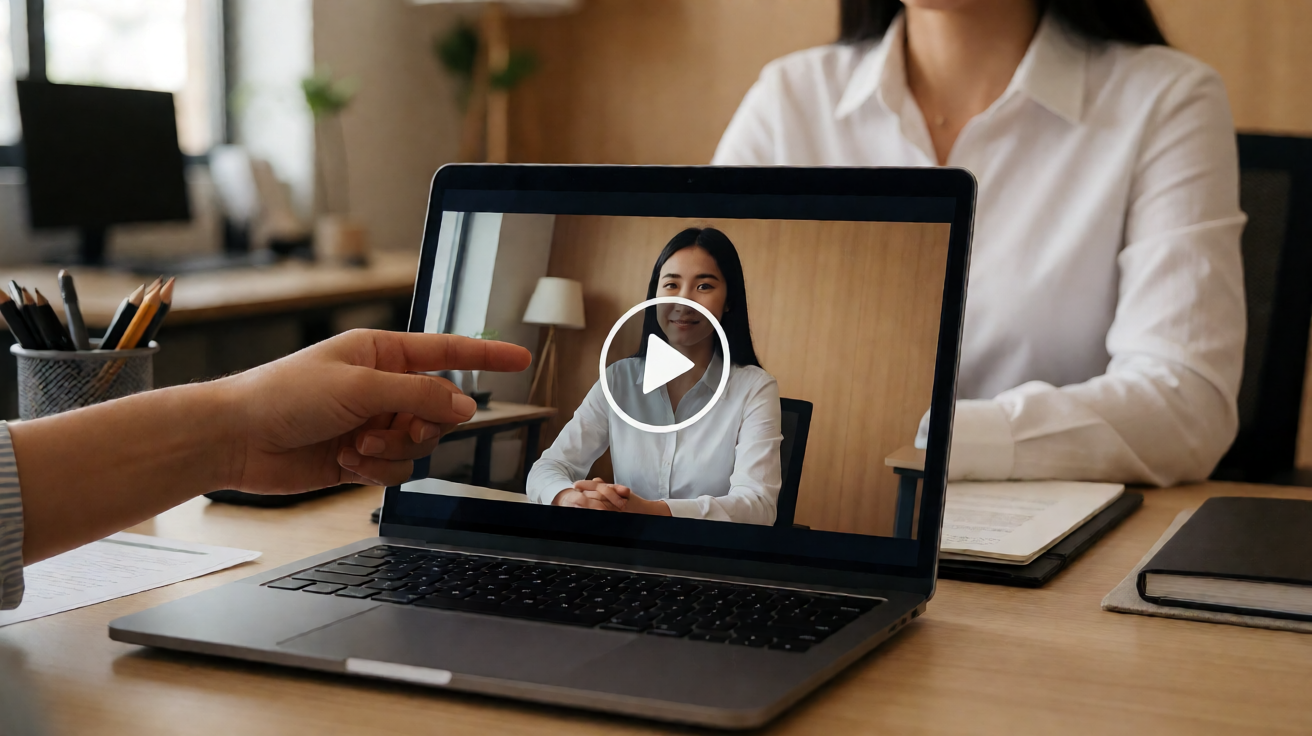 Support agent watching a customer screen recording on a laptop to diagnose a bug report.