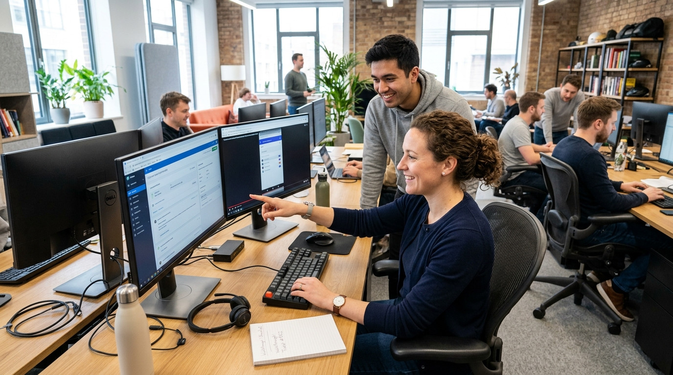 A customer support specialist reviewing an incoming screen recording walkthrough on a dual-monitor setup in an open office workspace.