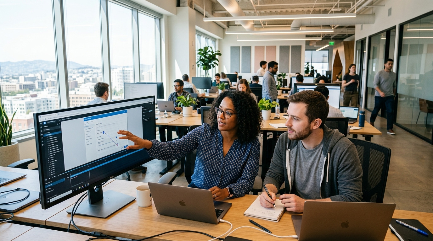 A customer support lead and a software engineer reviewing a user screen recording on an ultrawide monitor in a modern tech office
